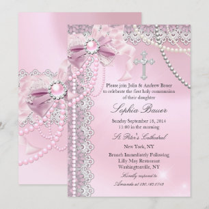 Invitation Filles Pink Pearl Bow Croix Sainte Communion