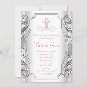 Invitation Filles Pink Silver Cross Fille Baptême Christening