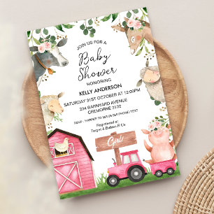 Invitation Filles Pink Tractor Grange Baby shower de ferme
