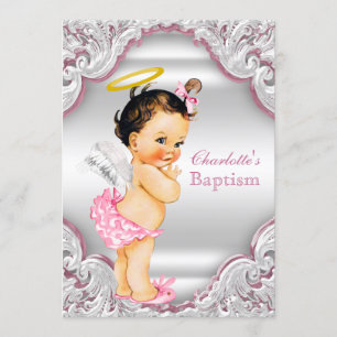Invitation Filles Pink White Angel Girl Baby Baptism