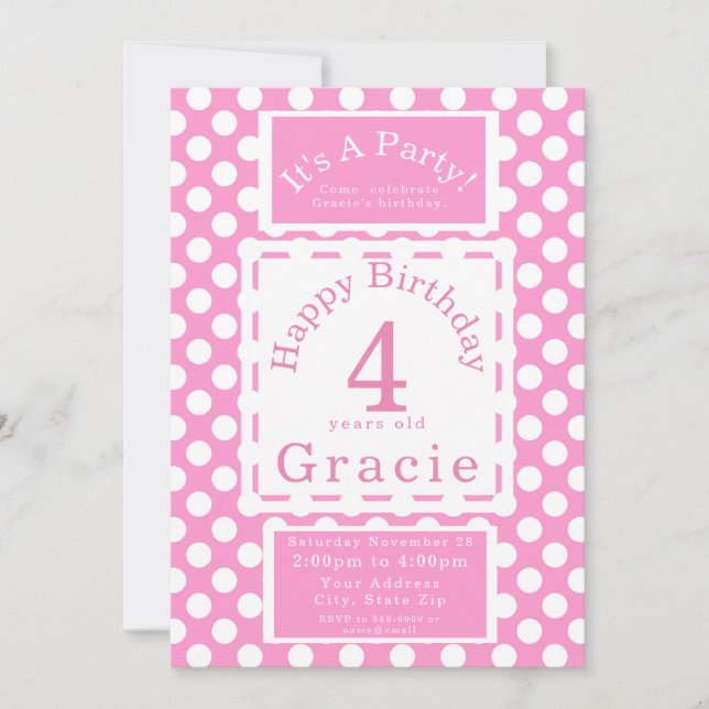 Invitation Filles Pois roses Anniversaire Fête Personnalisabl (Devant)