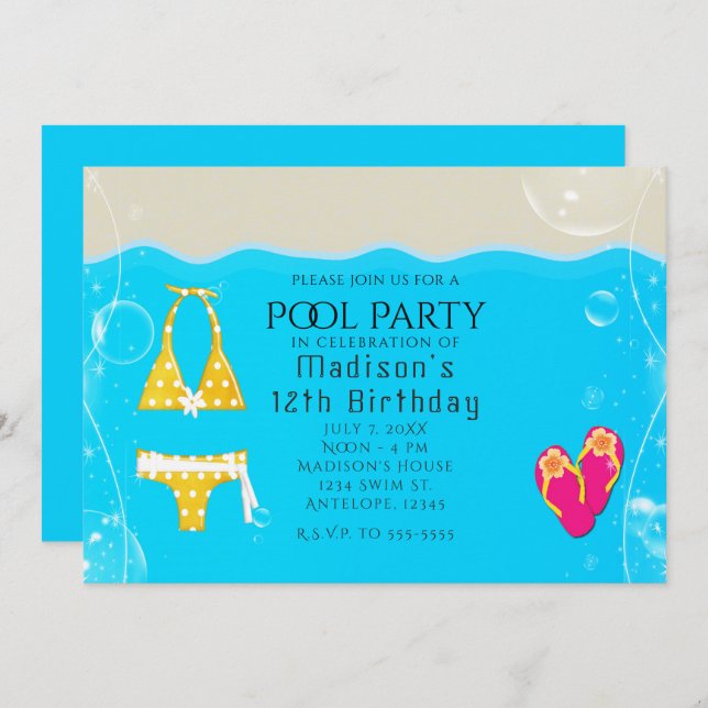 Invitation Filles Pool Party Bikini Anniversaire nage Invitat (Devant / Derrière)