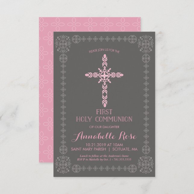 Invitation Filles Première Communion Filles Invitation, Croix (Devant / Derrière)