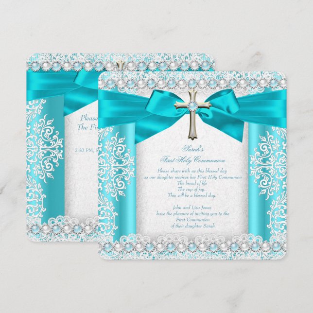 Invitation Filles Première Sainte Communion Blanc Turquoise P (Devant / Derrière)