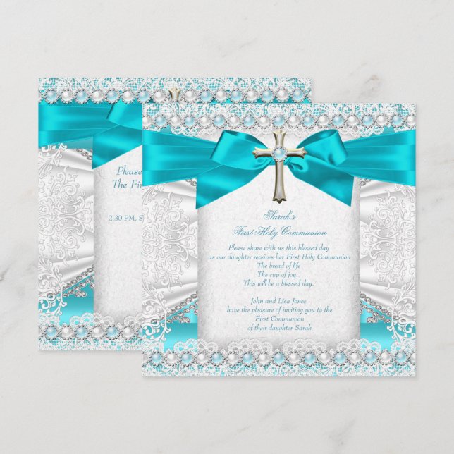 Invitation Filles Première Sainte Communion Bleu Turquoise Pe (Devant / Derrière)