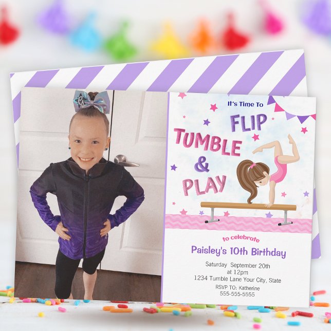 Invitation Filles Purple Gymnastique Photo Anniversaire (Girls Purple Gymnastics Photo Birthday Party Invitation)
