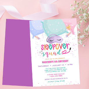 Invitation Filles Pyjama 8 anniversaire Sleepover Party