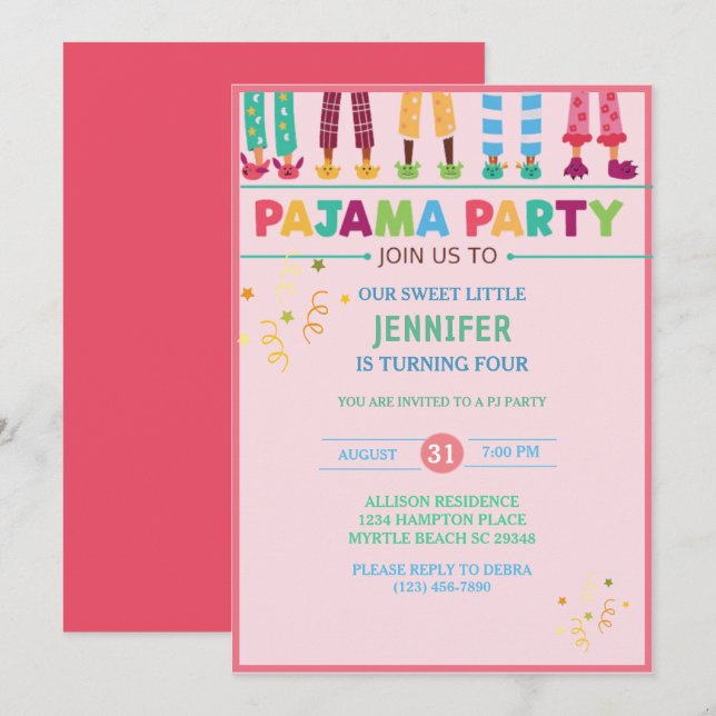 Invitation Filles Pyjama Dormir Fête Anniversaire (Devant / Derrière)