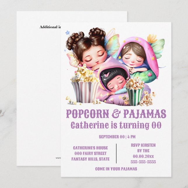 Invitation Filles pyjama pop-corn soirée pyjama (Devant / Derrière)