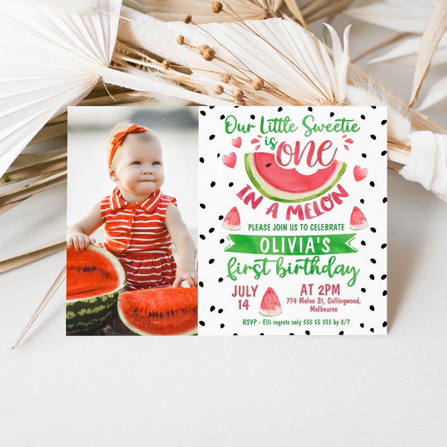 Invitation Filles Red Green One In A Melon Photo 1er Annivers (Photo One in a Melon Birthday Invitation Template, Red Watermelon First Birthday Invitation, )