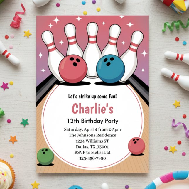 Invitation Filles Rétro Fête d'anniversaire de bowling rose  (Créateur téléchargé)