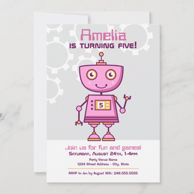 Invitation Filles Robot Rose moderne fête d'anniversaire (Devant)