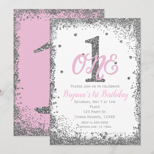 Invitation Filles Rose & Argent ONE 1ère Fête d'anniversaire (Devant / Derrière)