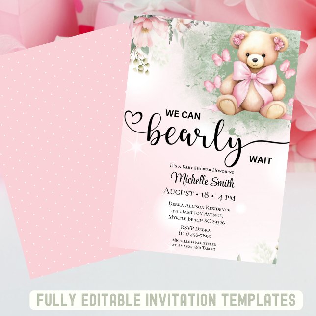 Invitation Filles Rose Blush Floral Teddy Baby shower Ours (Créateur téléchargé)