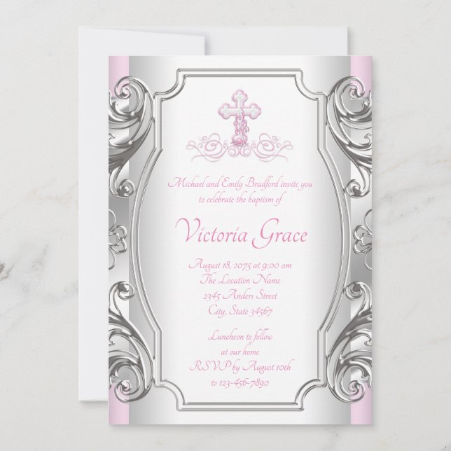 Invitation Filles Rose Croix Argent Fille Baptême Christening (Dos)