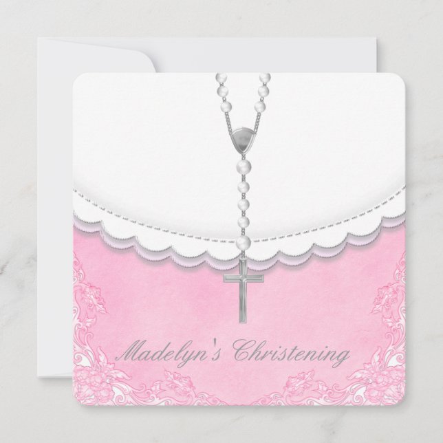 Invitation Filles rose et gris Christening (Devant)