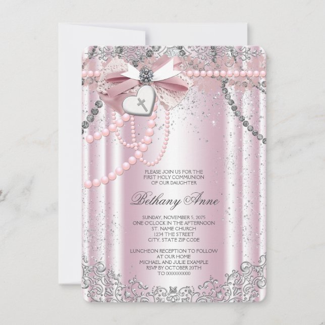 Invitation Filles Rose et Gris Perle Première Communion (Devant)