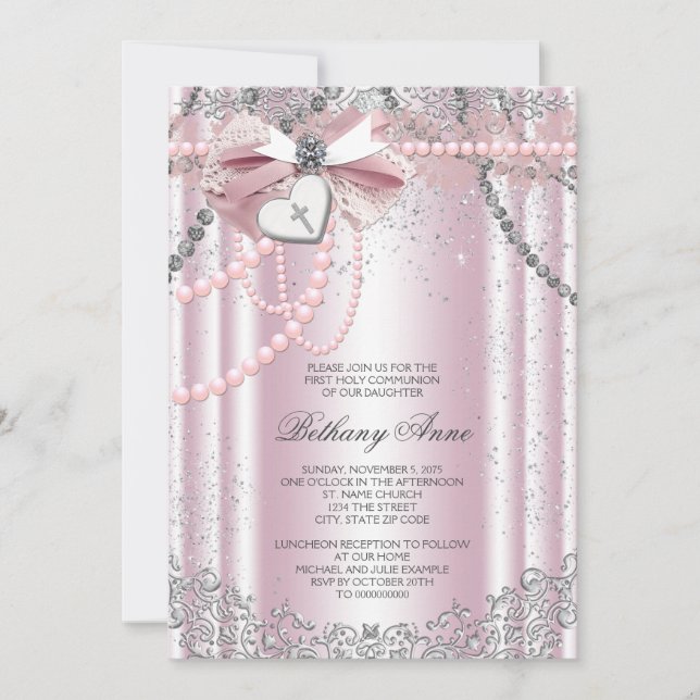 Invitation Filles Rose et Gris Perle Première Communion (Devant)
