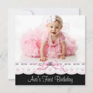 Invitation Filles rose et noir Photo Fête d'anniversaire