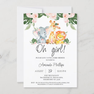 Invitation Filles Rose Floral Safari Animaux Baby shower