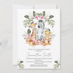 Invitation Filles Rose Floral Safari Wild Un Baby shower