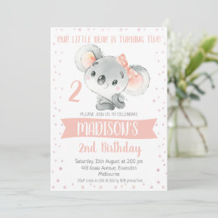 Invitation Filles rose Grey Koala Ours Anniversaire Invitatio