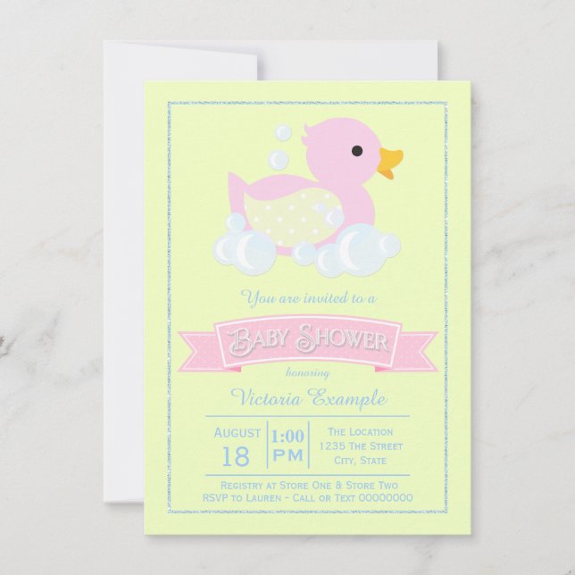 Invitation Filles rose Jaune Baby shower de canard en caoutch (Devant)