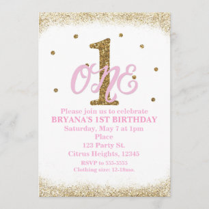 Invitation Filles Rose & Or ONE 1ère Fête d'anniversaire
