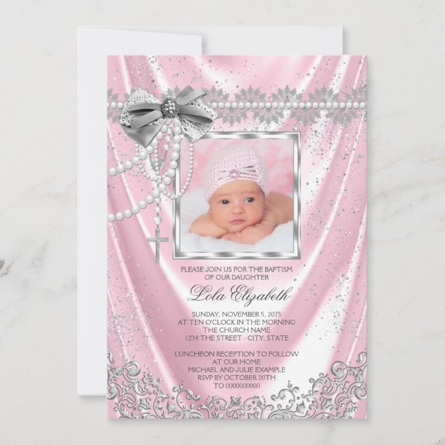 Invitation Filles rose Photo Baptême Christening Satin Partie (Devant)