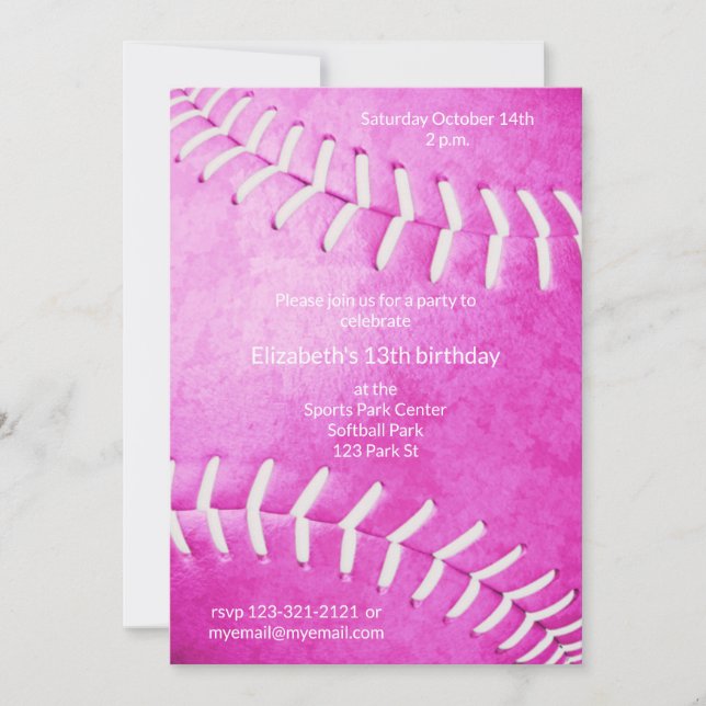 Invitation filles rose softball anniversaire ou fête d'équipe (Devant)