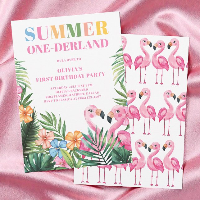 Invitation Filles Rose Tropicales Fête d'anniversaire d'été 1 (Tropical Pink Girls Summer 1st Birthday Party Invitation)