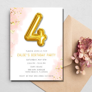 Invitation Filles roses 4e fête de ballons d'anniversaire