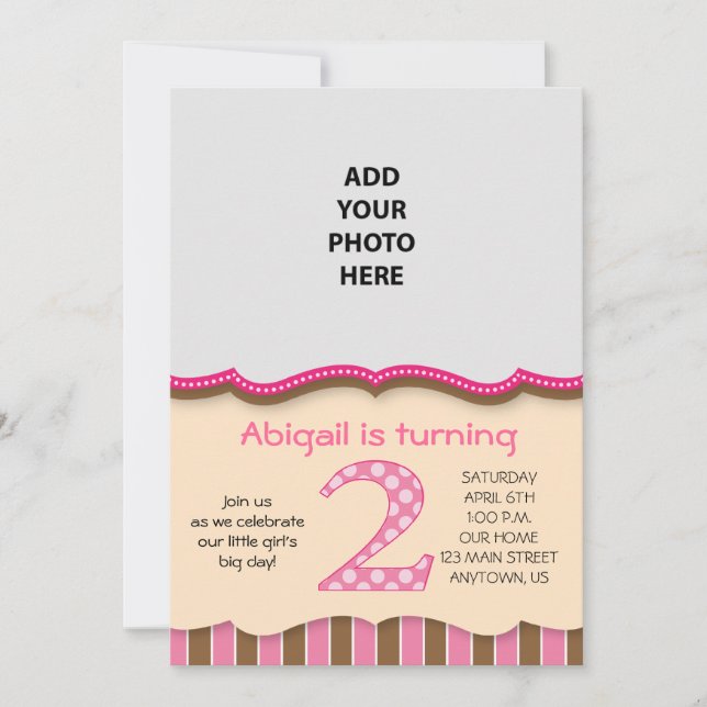 Invitation Filles roses/Brown mignonnes Deuxième anniversaire (Devant)
