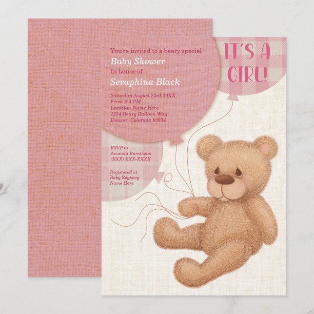Invitation Filles roses Brown Teddy Bear Baby shower Invitati (Devant / Derrière)