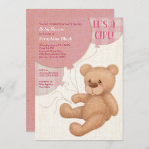 Invitation Filles roses Brown Teddy Bear Baby shower Invitati