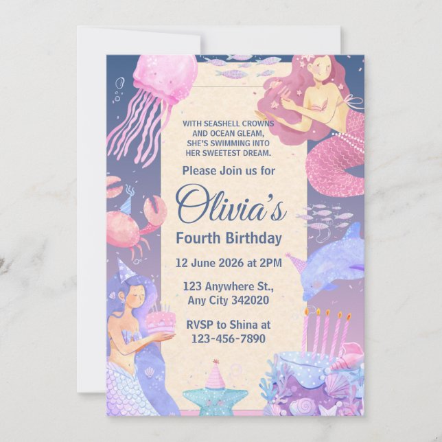 Invitation Filles roses et violettes Sirène Anniversaire (Devant)