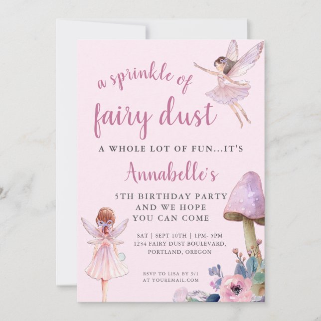 Invitation Filles roses Fée Fête d'anniversaire (Devant)
