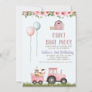 Invitation Filles roses Grange Animaux de ferme Anniversaire