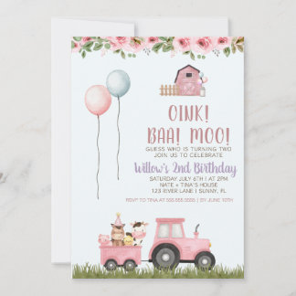 Invitation Filles roses Grange Animaux de ferme Anniversaire