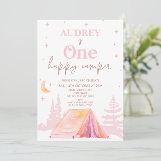 Invitation Filles roses Happy Camper 1er Anniversaire (Debout devant)