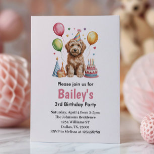 Invitation Filles roses mignonnes Chien fête d'anniversaire