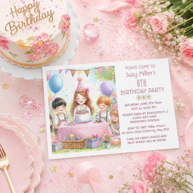 Invitation Filles roses mignonnes Fête d'anniversaire avec ba (Créateur téléchargé)
