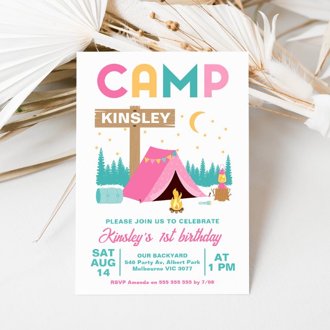 Invitation Filles roses modernes Camping à thème Anniversaire (Colorful Camping 1st Birthday Invitation Baby Girl, Happy Camper, Camping themed First Birthday)