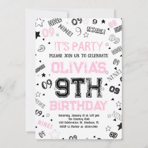 Invitation Filles roses Numéro Neuf Fête d'anniversaire