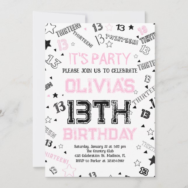 Invitation Filles roses Numéro Treize Anniversaire (Devant)