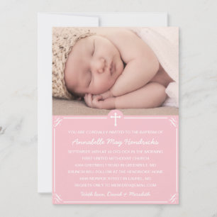 Invitation Filles roses Photo Baptême/Invitation Christening