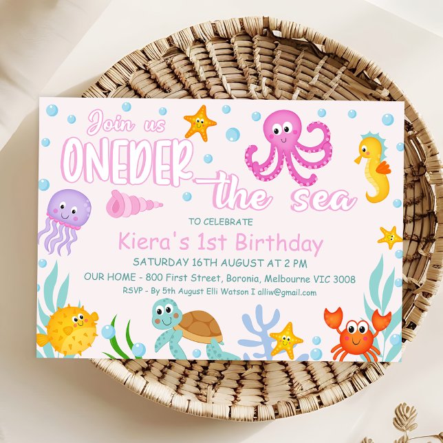 Invitation Filles roses sous la mer l'une de l'autre 1er anni (Colorful Oneder the Sea Birthday Invitation Template For Girl, Under the Sea Themed 1st Birthday)