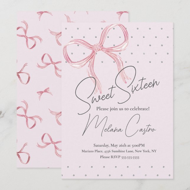 Invitation Filles Ruban Rose Coquette Douce 16e Anniversaire (Devant / Derrière)