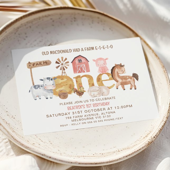Invitation Filles rustiques modernes Une ferme 1er anniversai (Girls Farm Themed First Birthday Invitation, Farmyard 1st Birthday Invite Girl, Oink Baa Moo Invite)
