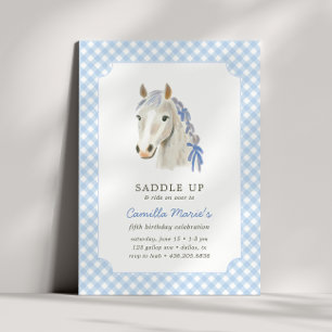 Invitation Filles Saddup Preppy Pony Horse Blue Anniversaire